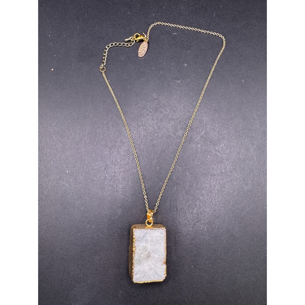 Vintage Raw Moonstone Gold Edge Pendant Gold Tone Chain Necklace Signed